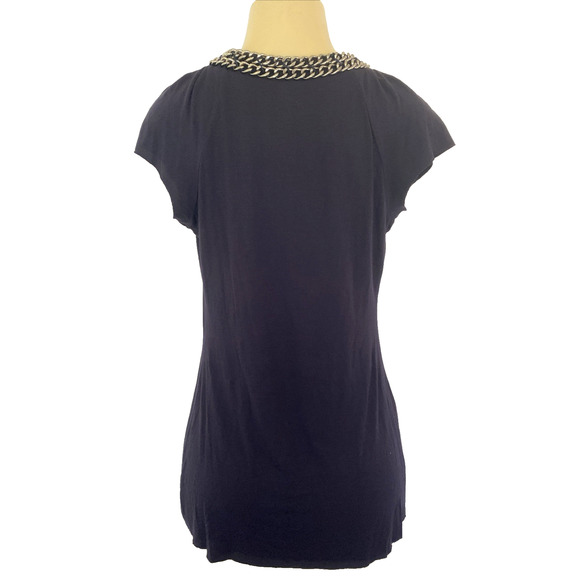 3.1 Phillip Lim Top Blouse Navy Blue Chain Neck Short Sleeve Relaxed Fit Scoop L - Picture 4 of 8